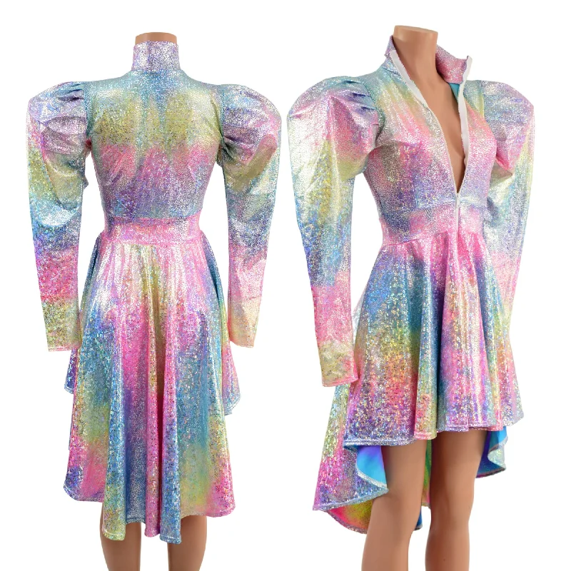 women's floral dresses -Rainbow Shattered Glass Hi Lo Dress with Full Separating Front Zipper