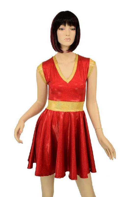 ladies' plaid dresses -Red & Gold Skater Dress