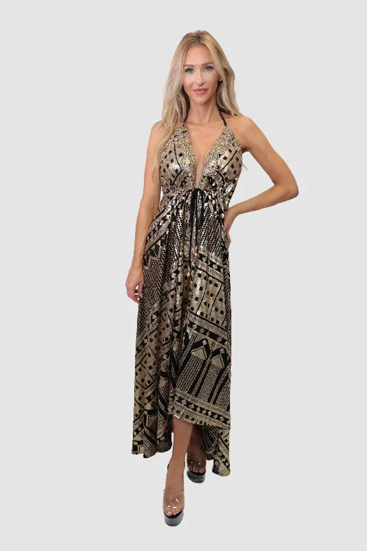 ladies' baby doll dresses -Santorini Gold Goddess Dress