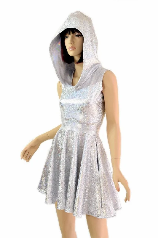 trendy midi dresses for women -Silvery Holographic Pocket Skater Dress