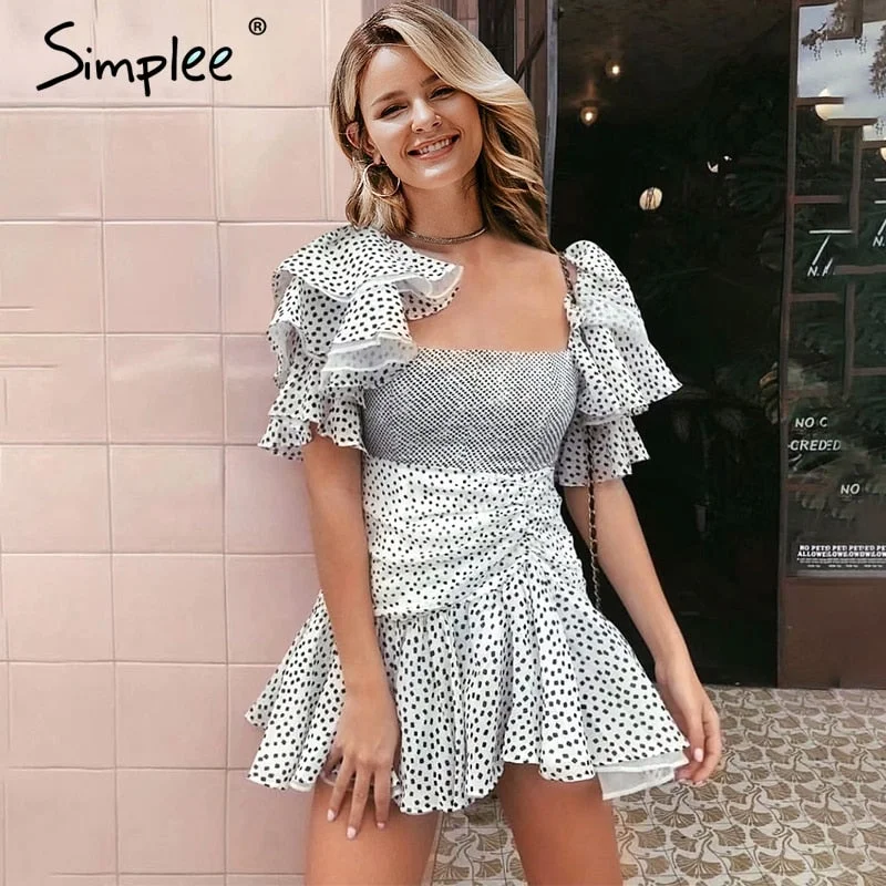 women's maxi dresses -Square neck ruffle sleeve puff dress Sexy polka dot print dresses