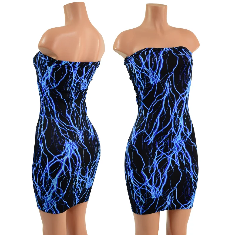 ladies' summer dresses -Strapless Neon UV Glow Blue Lightning Print Dress