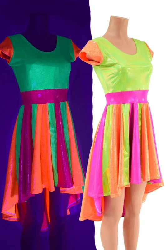 women's ruffled dresses -Tri Color Neon Pinwheel Hi Lo Skater Dress