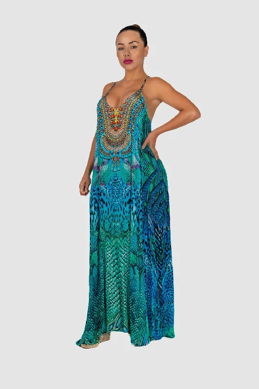 stylish dresses for women -Turquoise Multi Print T-Back Dress