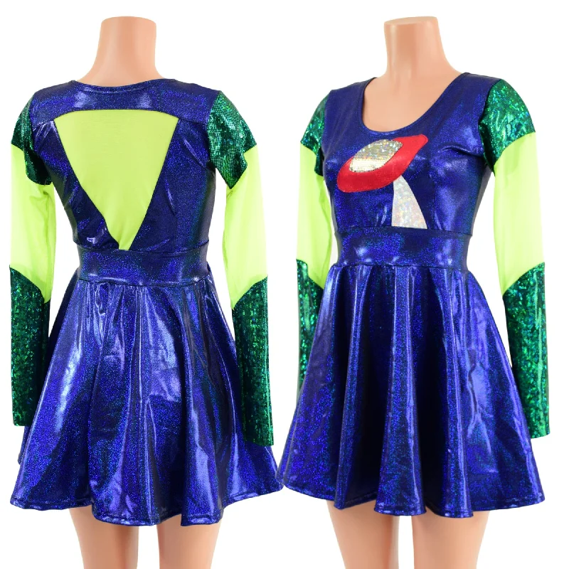 women's turtleneck dresses -UFO Skater Dress with Mesh Inserts