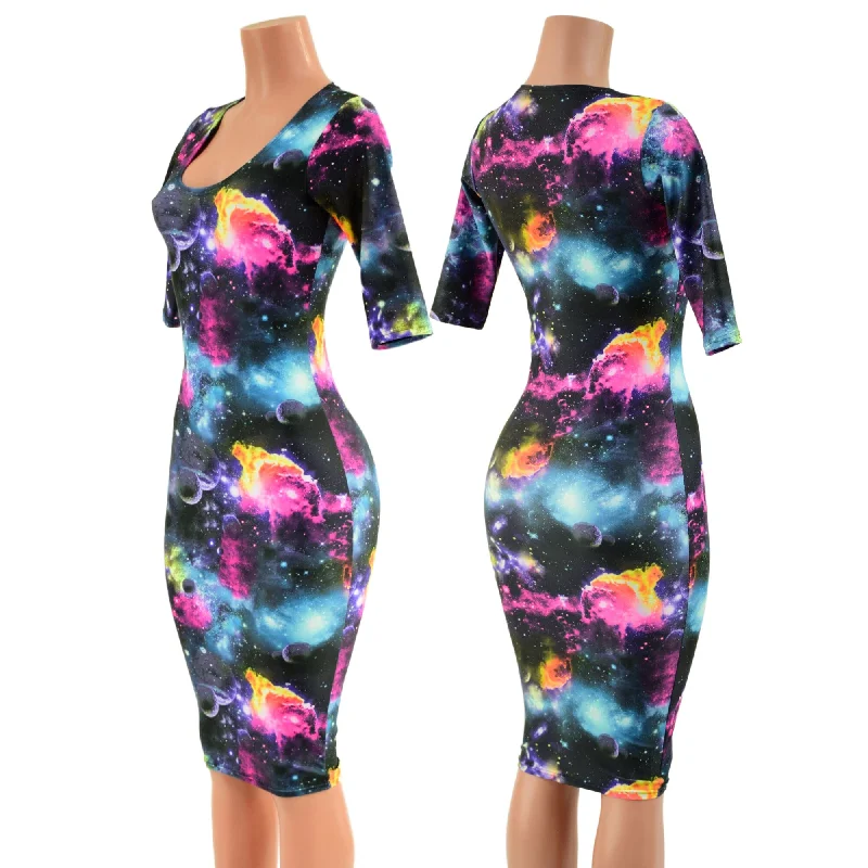 ladies' mermaid dresses -UV Glow Galaxy Half Sleeve Wiggle Dress