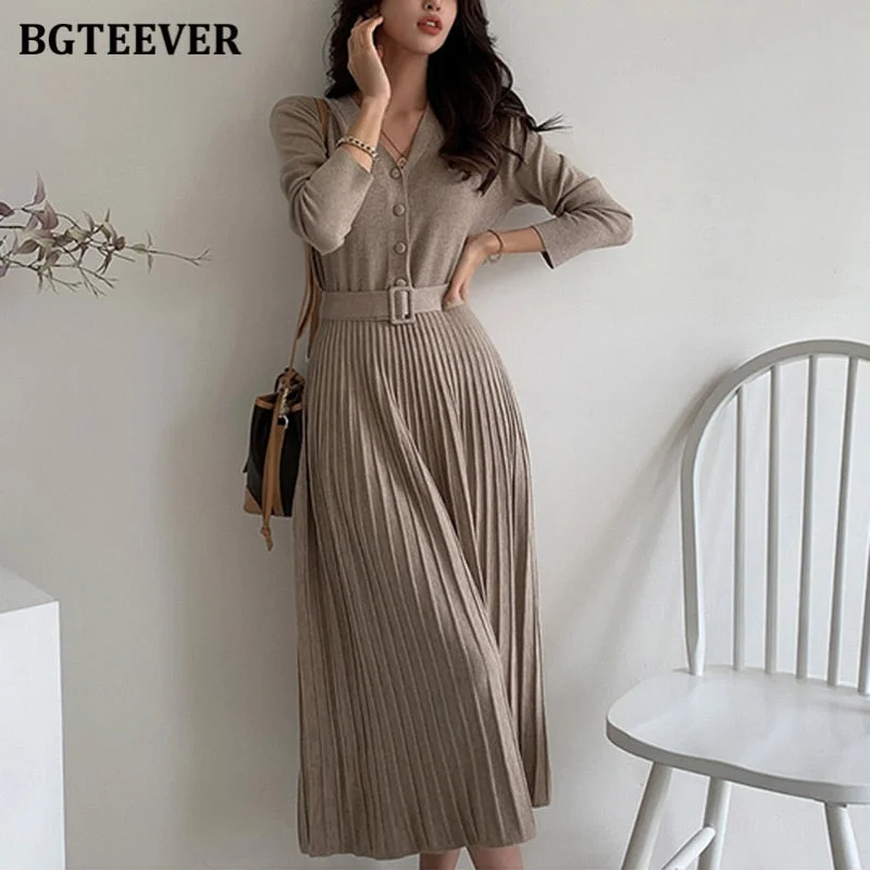 ladies' longline dresses -V-neck Single-breasted Women Thicken Sweater Dress Female A-line soft dresses