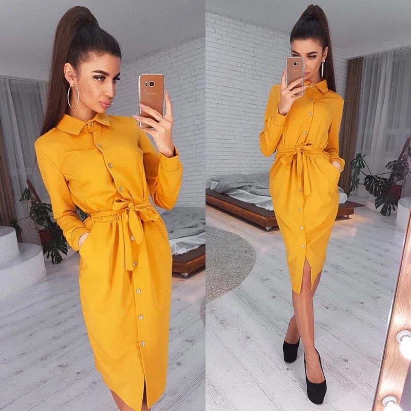 women's draped dresses -Women Vintage Front Button Sashes A-line Dress Turn Down Collar Solid Elegant Dress