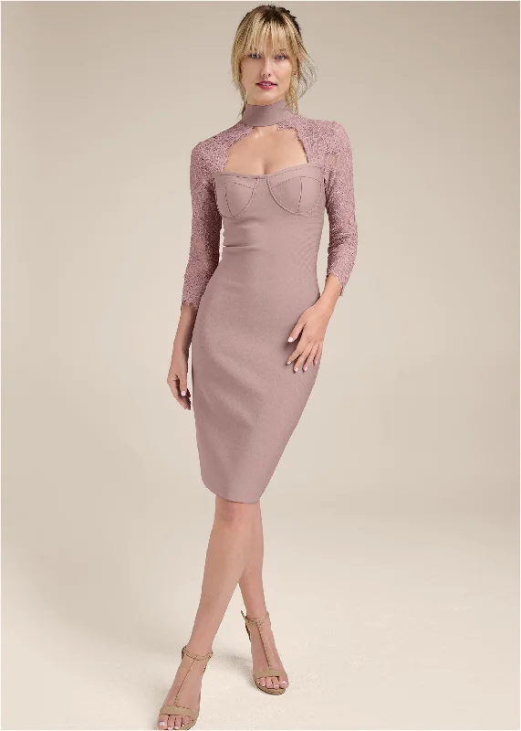 ladies' tulip hem dresses -Lace Sleeve Bandage Dress  - Tan