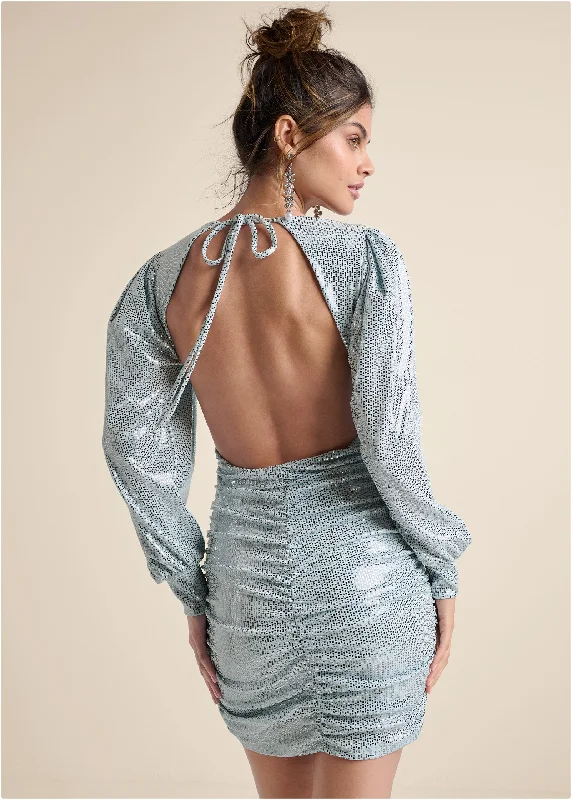 women's modern evening dresses -Open-Back Shimmer Dress  - Blue Metallic