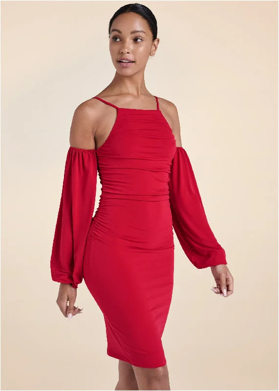 women's high-low dresses -Cold-Shoulder Ruched Dress - Red