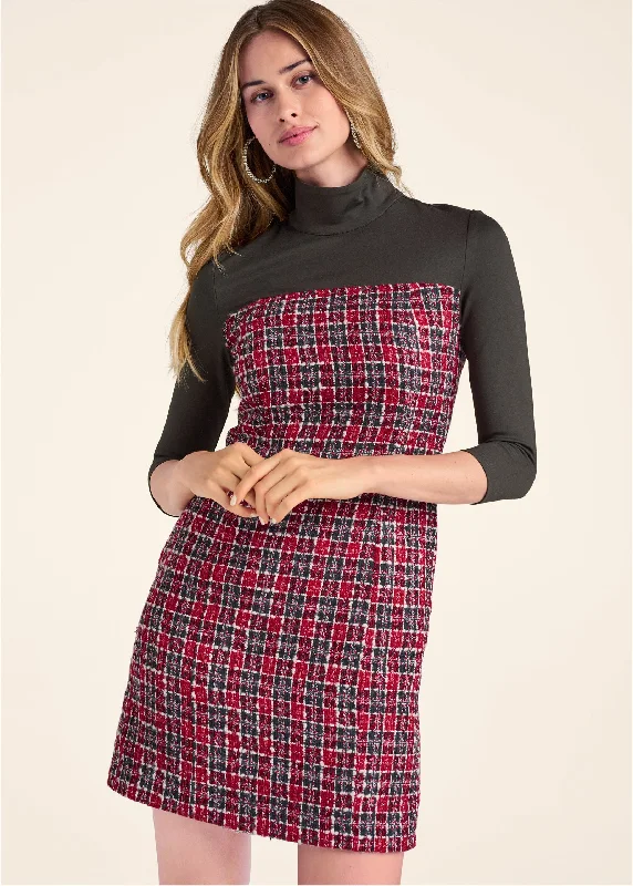 ladies' mermaid dresses -Mock-Neck Plaid Tweed Dress - Red & Black