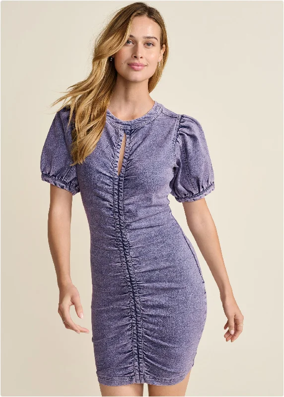 women's polka dot dresses -Puff Sleeve Denim Dress  - Lavender