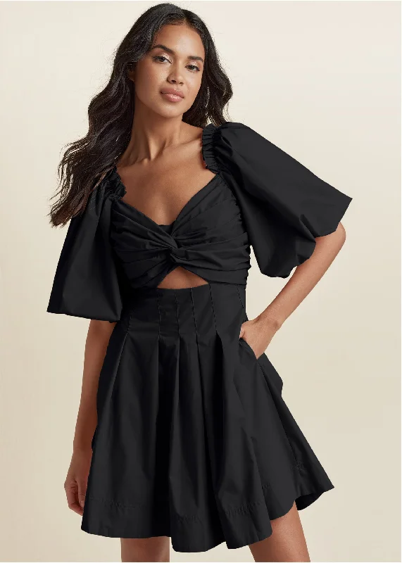 trendy mini dresses for women -Puff Sleeve Taffeta Dress - Black