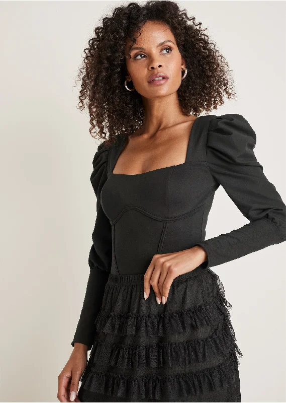 women's belted dresses -Puff Sleeve Bodysuit - Black