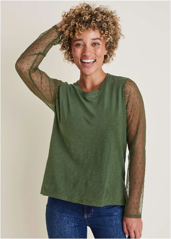 stylish fitted dresses for women -Mesh Sleeve Top - Bronze Green