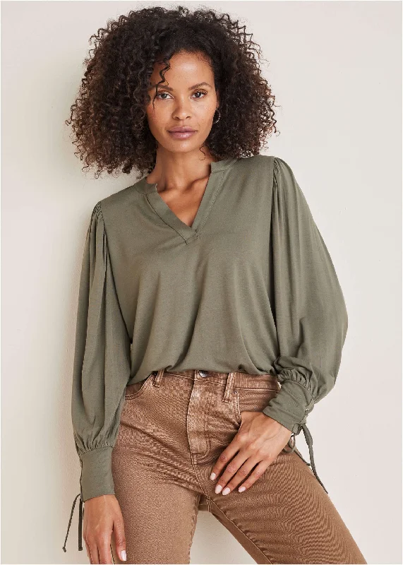 women's printed dresses -V-Neck Puff Sleeve Top - Olive