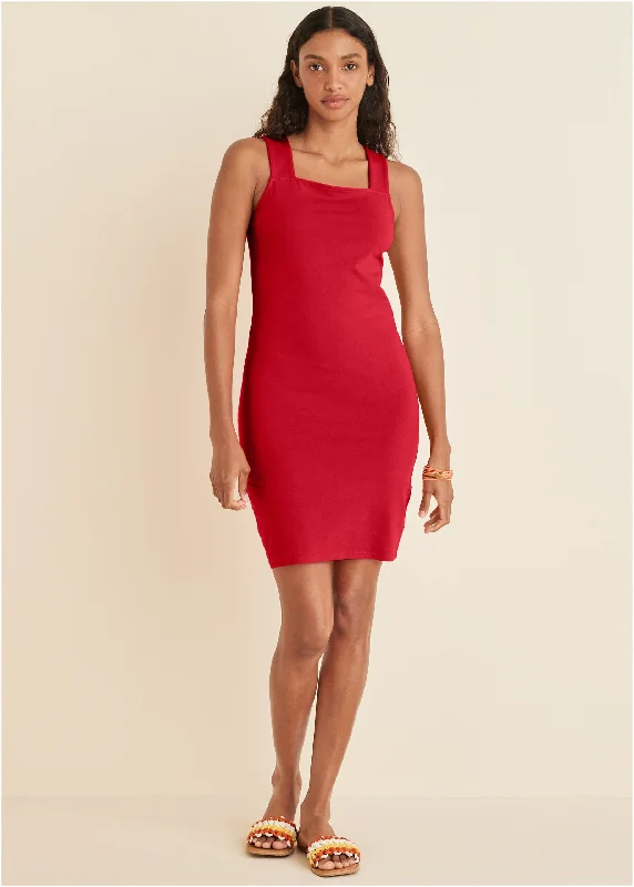 ladies' shift dresses -Square Neck Tank Dress - Red