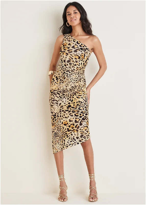 women's printed dresses -One Shoulder Dress - Vintage Leopard