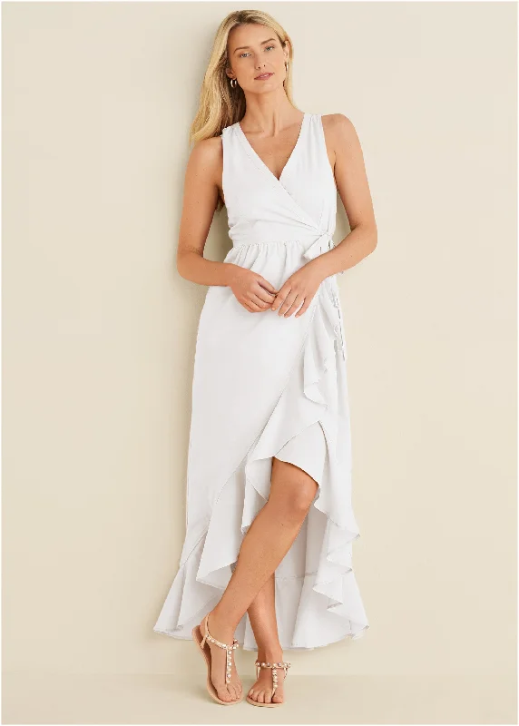 trendy high-neck dresses for women -High-Low Wrap Dress - Off White