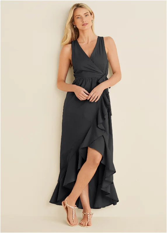 women's asymmetrical dresses -High-Low Wrap Dress - Black