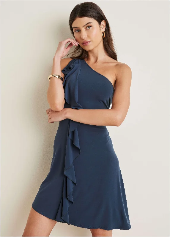 ladies' baby doll dresses -One-Shoulder Ruffle Detail Dress - Navy