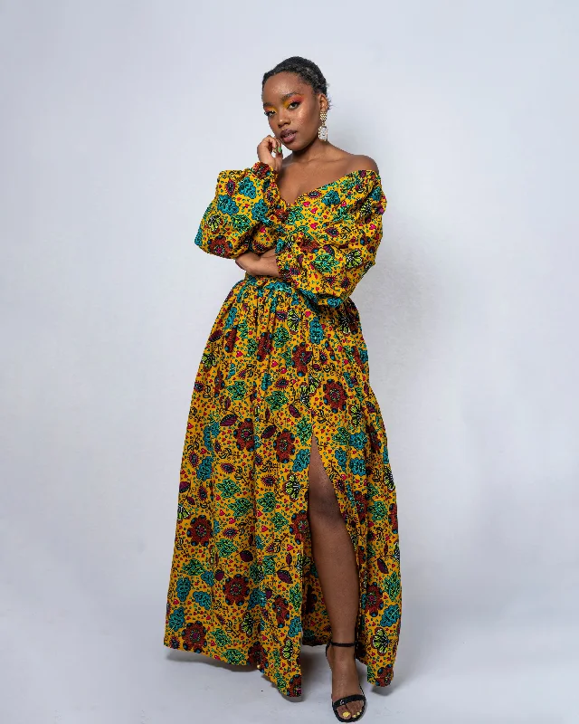 women's draped skirts -casual wide-leg pants for women -Anini Ankara Maxi Skirt | Yellow Multicolored African Print