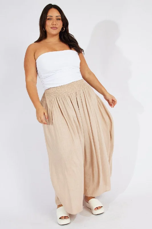 trendy midi skirts for women -ladies' tie-front shorts -Beige Shirred Linen Blend Maxi Skirt