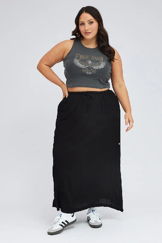 women's mesh skirts -women's textured skirts -Black Maxi Skirt Long Side Tab Adjustable