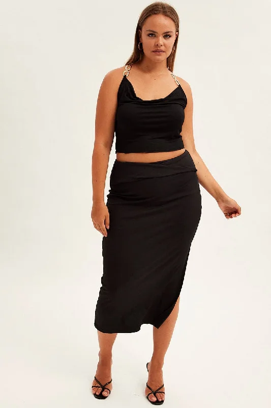 elegant high-waisted skirts for women -women's stretch leggings -Black Midi Skirt High Rise Pencil Ribbed