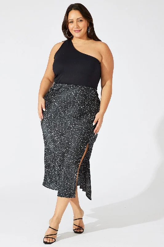 women's sporty skirts -women's chiffon skirts -Black Polka Dot Satin Slip Skirt With Split