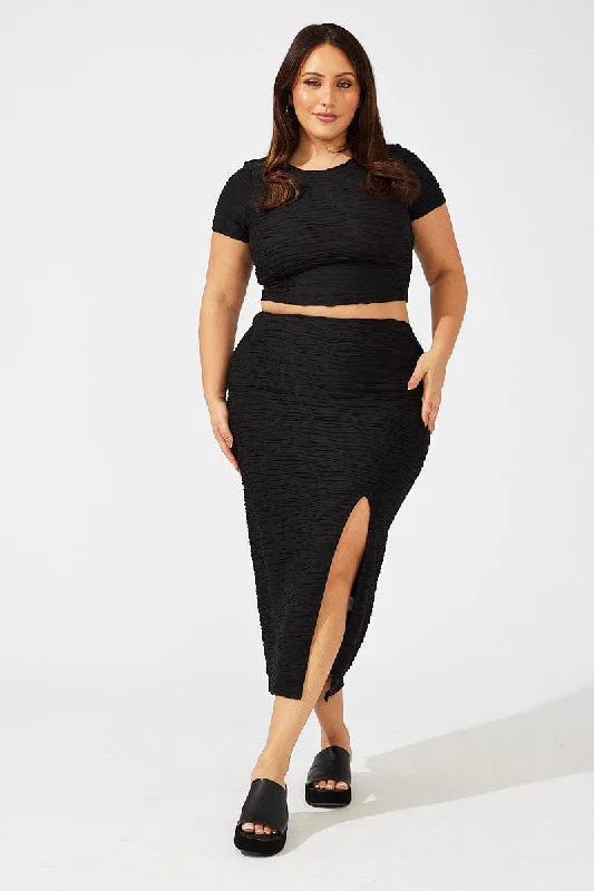 women's satin slip skirts -women's pleated wide-leg pants -Black Wavy Texture Bodycon Split Skirt