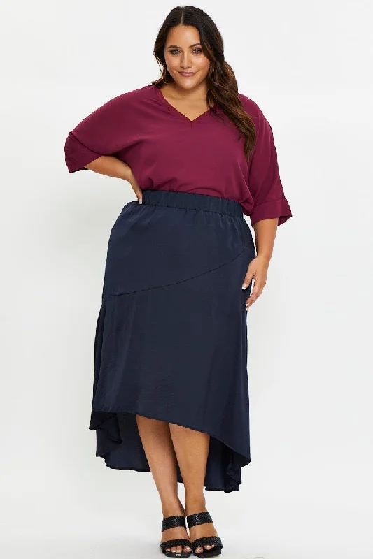 women's ruched skirts -women's seamless leggings -Blue Midi Satin Skirt