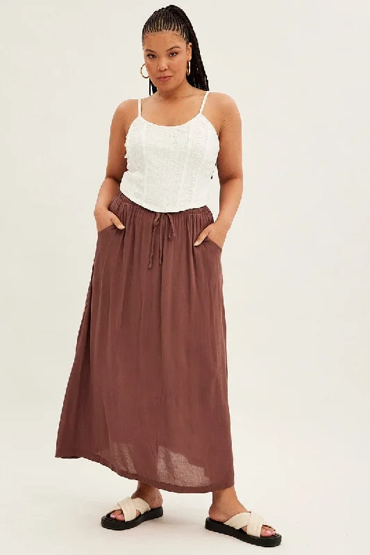 women's side-slit skirts -casual shorts for women -Brown Maxi Skirt Long Side Tab Adjustable