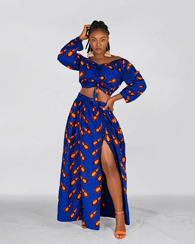 women's denim skirts -women's skinny jeans -Chinwe Ankara Maxi Skirt | Blue and Orange African Print