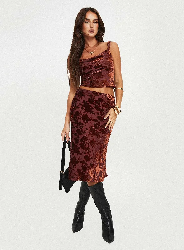 stylish skirts for women -women's oversized pants -Devore Midi Skirt Burgundy