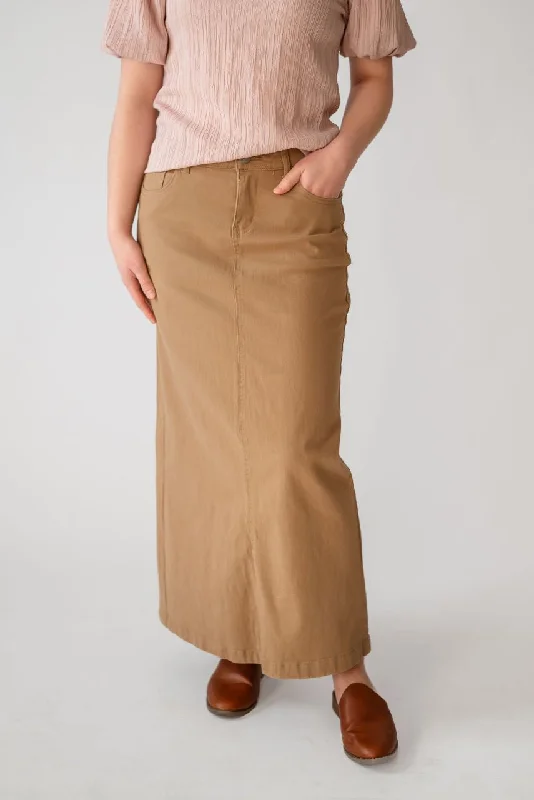 women's slit skirts -classic pants for women -Elizabeth Maxi Skirt in Khaki Denim