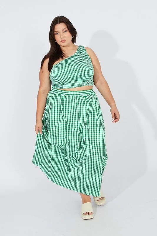 women's straight skirts -women's seamless leggings -Green Check Maxi Skirt Elastic Waist Side Pockets