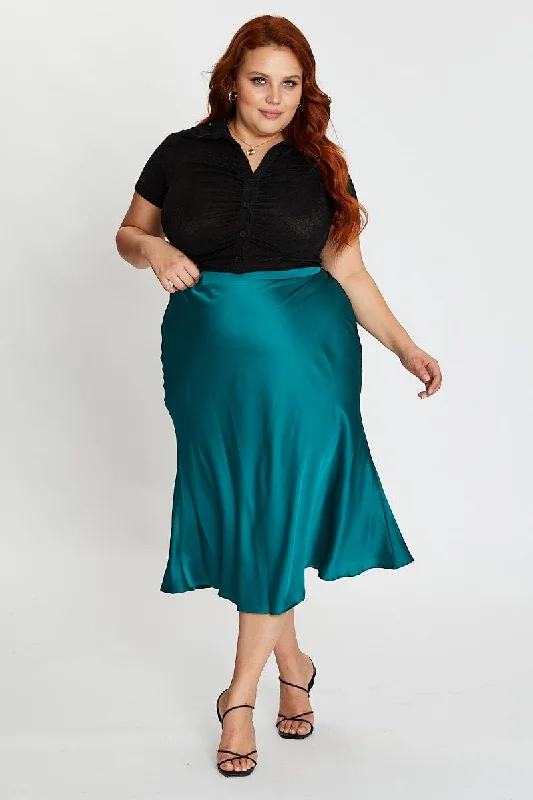 women's chiffon skirts -women's distressed jeans -Green Midi Satin Skirt Elastic Waist