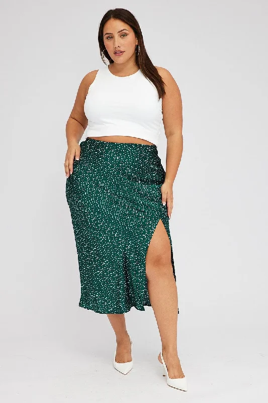 ladies' tiered skirts -ladies' jogger sweatpants -Green Polka Dot Satin Slip Skirt With Split