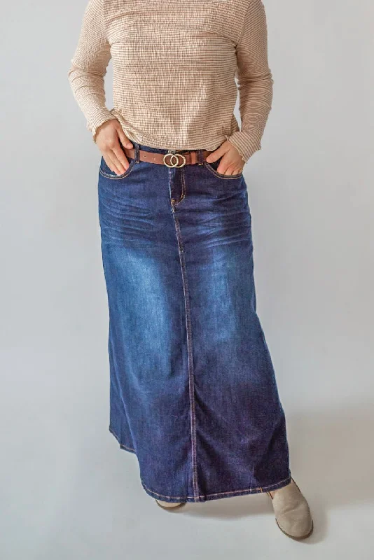 ladies' soft cotton skirts -women's chiffon skirts -Londyn Denim Maxi Skirt in Dark Wash