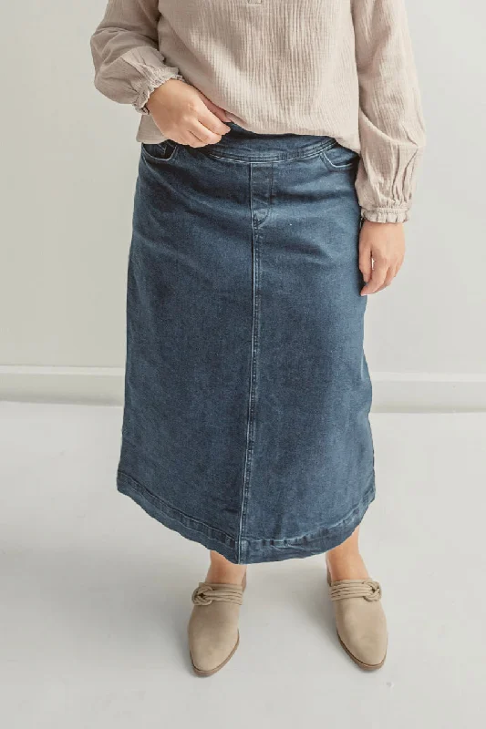 women's faux leather skirts -women's lightweight palazzo pants -Margaret Denim Midi Skirt in Dark Wash