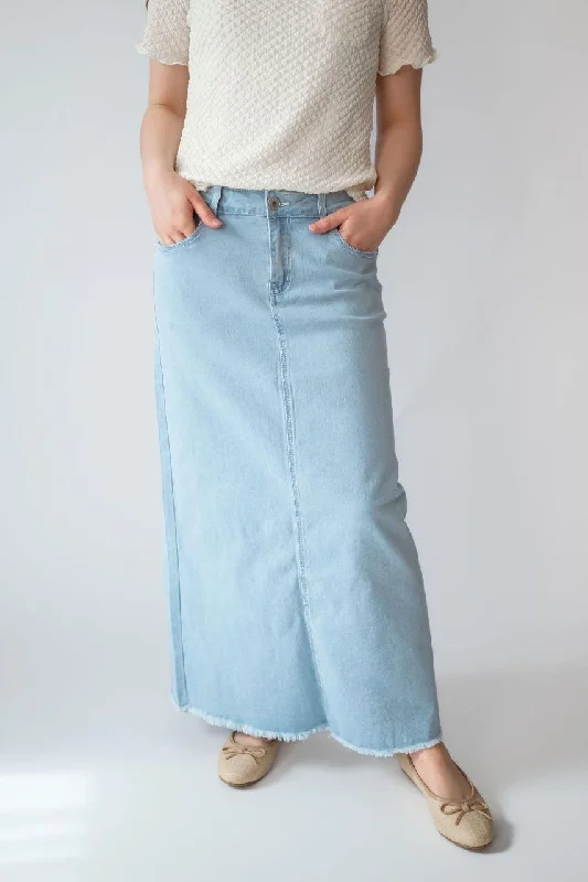 women's ruffled skirts -women's corduroy pants -Amira Denim Maxi Skirt in Light Wash