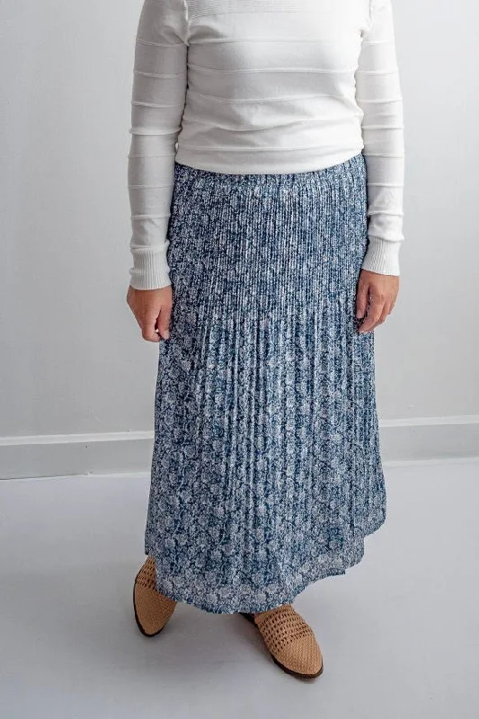 casual ruched skirts for women -stylish skirts for women -Ophelia Pleated Floral Skirt in Stony Teal - FINAL SALE