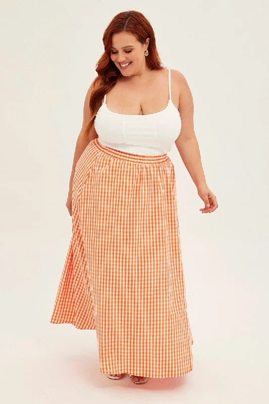 ladies' button-up skirts -women's corduroy pants -Orange Check Midi Skirt High Waist Elaticated Waist