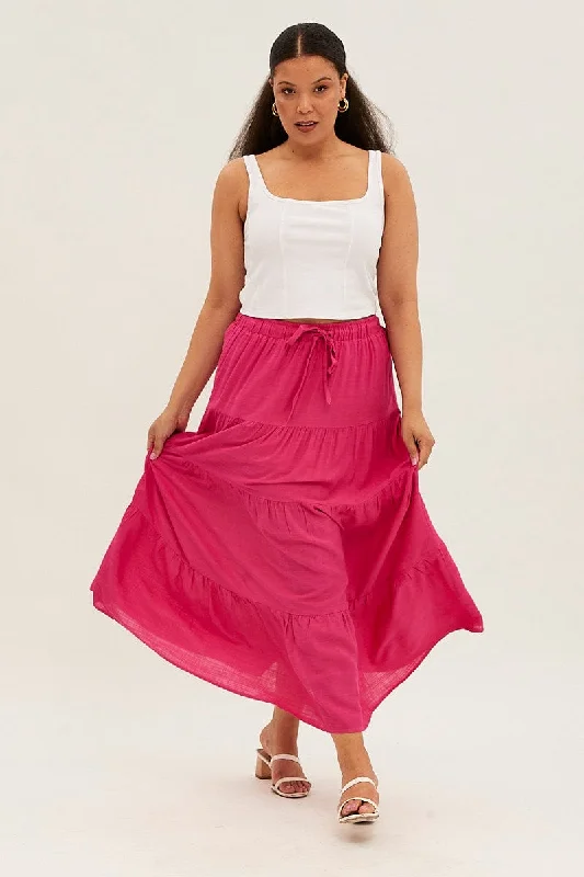 casual skirts for women -women's yoga leggings -Pink Maxi Skirt High Waist Tiered