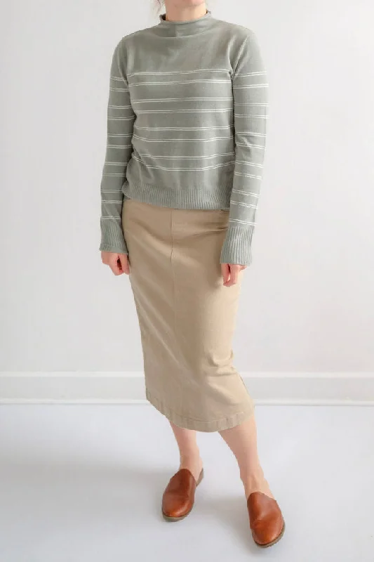 women's midi skirts -ladies' paperbag waist pants -Sara 29" Denim Skirt in Khaki