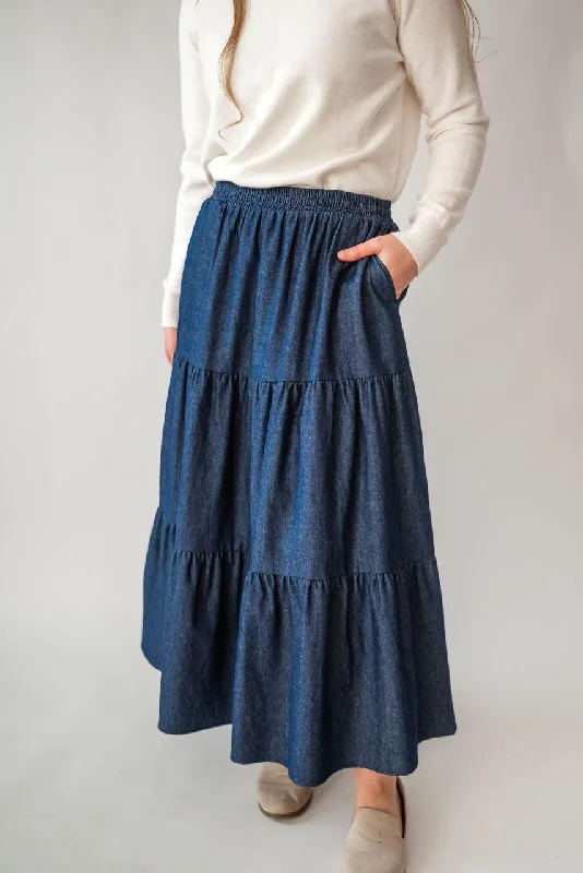 women's sequin skirts -casual skirts for women -Celeste Tiered Skirt in Dark Wash