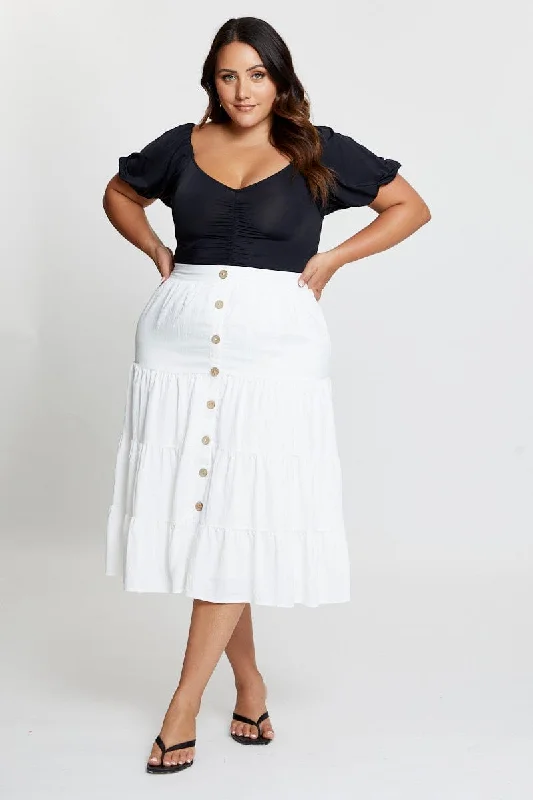 elegant skirts for women -women's linen pants -White Midi Skirt Mock Button